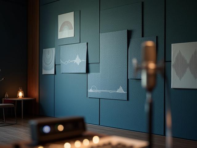 Contemporary silk acoustic panels with subtle sound wave patterns in a modern recording studio