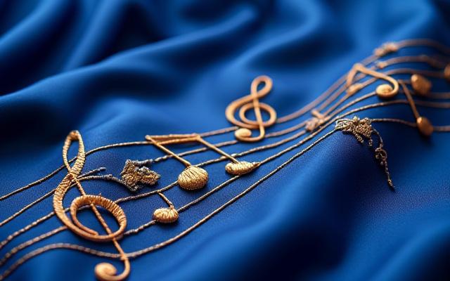 Close-up of intricate hand-embroidered musical notes and symbols on shimmering silk fabric, showcasing fine detail and craftsmanship.