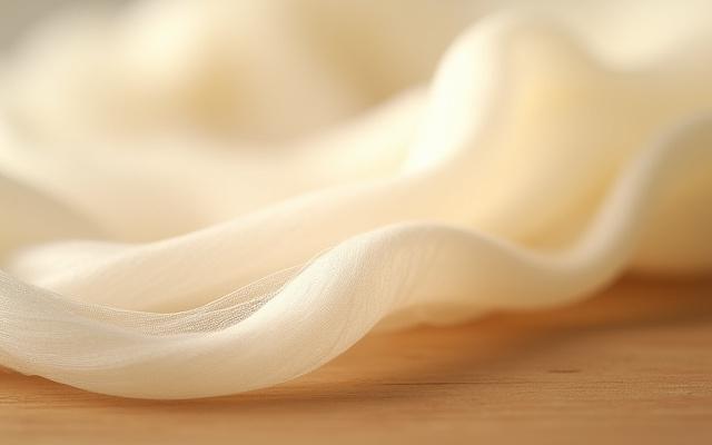Close-up of ethically sourced raw silk fibers, glowing with natural luster on a wooden table.