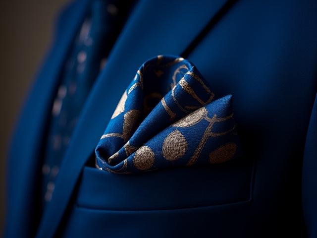 Jazz Blue Silk Pocket Square, deep blue with abstract jazz instrument motifs.