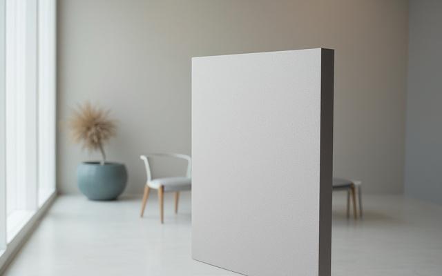 Sample of a luxurious silk acoustic panel, showcasing the elegant fabric texture combined with sound-dampening material, in a professional setting.